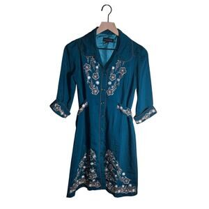 MISSION 72 western cowgirl rodeo style teak embroidered shirt dress with belt S